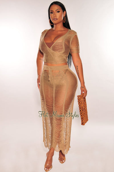 Mocha Crochet Knit Sheer Skirt Two Piece Set Cover Up - Hot Miami Styles