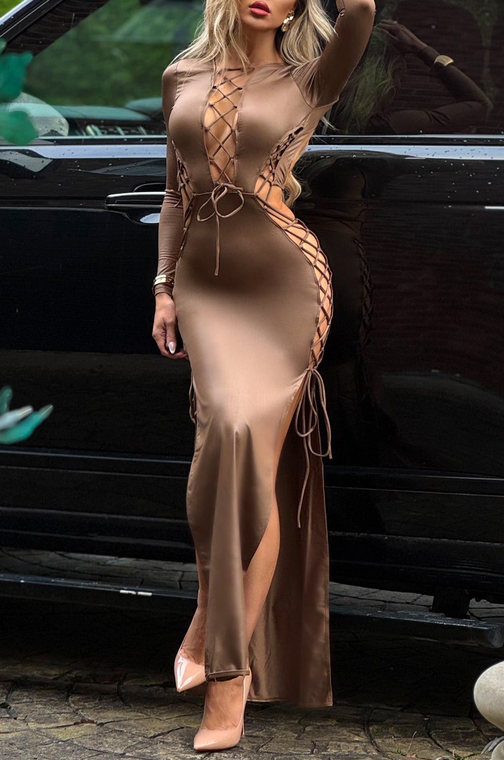 Mocha Faux Leather Lace Up Cut Out Double Slit Long Sleeve Dress - Hot Miami Styles Mocha Faux Leather Lace Up Cut Out Double Slit Long Sleeve Dress - Hot Miami Styles