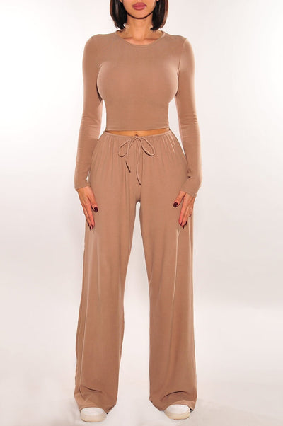 Mocha Long Sleeve High Waist Drawstring Wide Leg Two Piece Pants Set - Hot Miami Styles