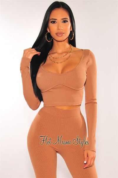 Mocha Ribbed Knit Faux Bustier Long Sleeves Crop Top - Hot Miami Styles