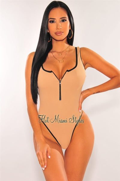 Mocha Ribbed Zipper Tank Bodysuit - Hot Miami Styles