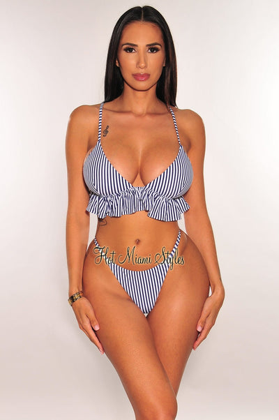 Navy Stripes Padded Ruffle Scrunch Butt Bikini - Hot Miami Styles