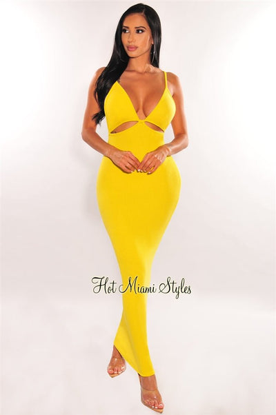 Neon Yellow V Neck Spaghetti Straps Cut Out Maxi Dress - Hot Miami Styles