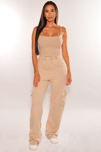 Nude Acid Wash Ribbed Spaghetti Strap High Waist Cargo Sweatpant Two Piece Set - Hot Miami Styles