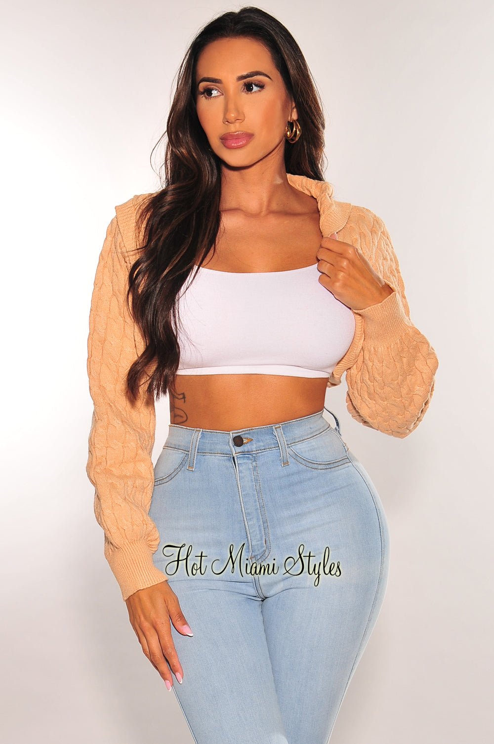 Nude Cable Knit Long Sleeve Hooded Crop Shrug Sweater – Hot Miami
