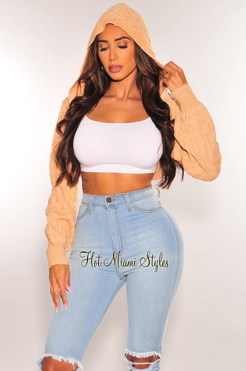 Nude Cable Knit Long Sleeve Hooded Crop Shrug Sweater – Hot Miami