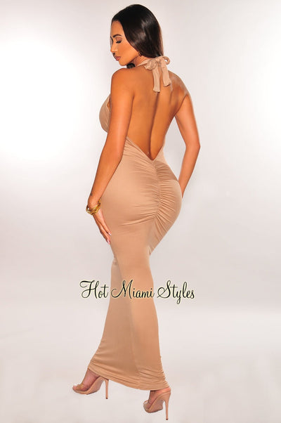 Nude Halter V Neck Ruched Dress - Hot Miami Styles