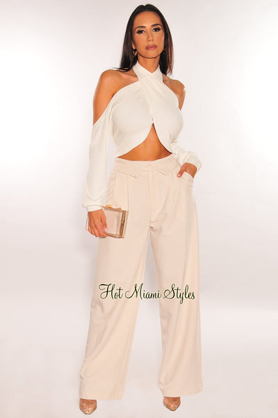 Nude High Waist Fold Over Pleated Wide Leg Pants - Hot Miami Styles