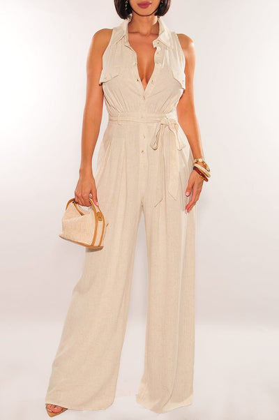 Nude Linen Sleeveless Collared Button Down Snatched Wide Leg Jumpsuit - Hot Miami Styles