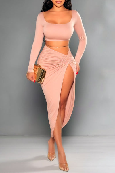Nude Long Sleeves Knotted Slit Skirt Two Piece Set - Hot Miami Styles