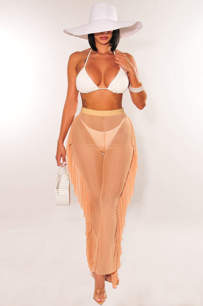 Nude Mesh High Waist Ruffle Sides Pants Cover Up Pants - Hot Miami Styles