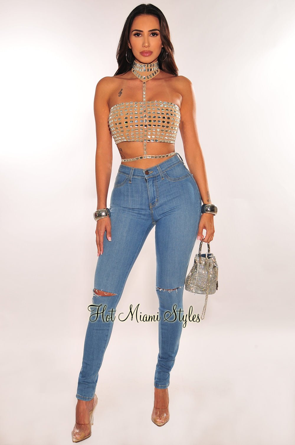 Gold Rhinestone Mesh Chain Crop Top - Hot Miami Styles