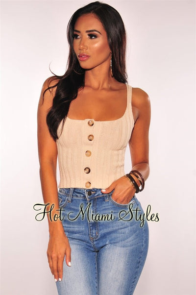 Nude Ribbed Knit Button Crop Top - Hot Miami Styles