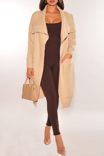 Nude Ribbed Long Sleeve Collared Cardigan Jacket - Hot Miami Styles