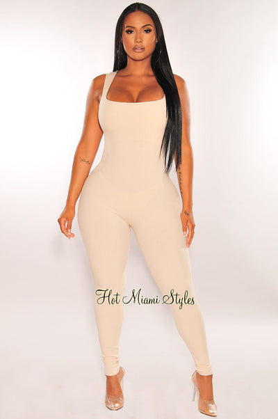 Nude Ribbed Sleeveless Square Neck Jumpsuit - Hot Miami Styles