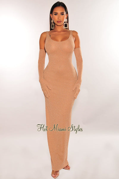 Nude Shimmery Sleeveless Scoop Back Midi Dress + Gloves - Hot Miami Styles