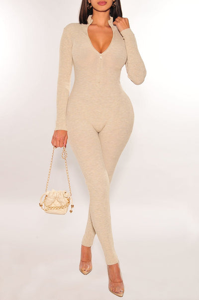 Oatmeal Long Sleeve Ribbed Knit Turtleneck Zipper Jumpsuit - Hot Miami Styles