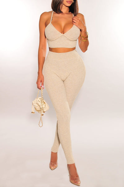 Oatmeal Spaghetti Strap Scrunch Butt Leggings Two Piece Set - Hot Miami Styles