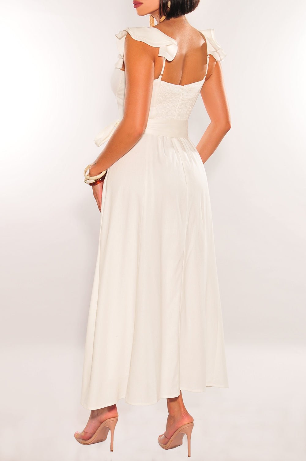 Off White Padded Underwire Belted Ruffle Slit Dress – Hot Miami Styles