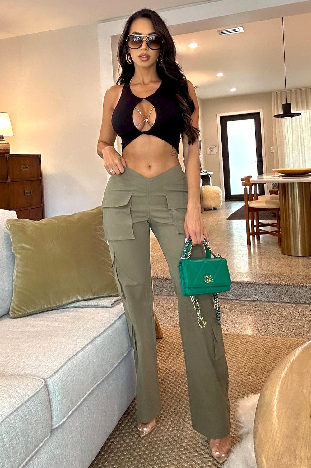 Olive Green V Cut Waist Cargo Wide Leg Pants – Hot Miami Styles
