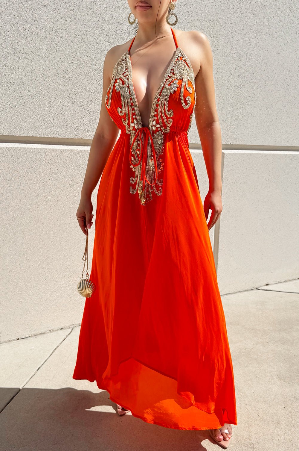 Tangerine Halter Rhinestone Drawstring Asymmetrical Hem Maxi Dress  Hot  Miami Styles