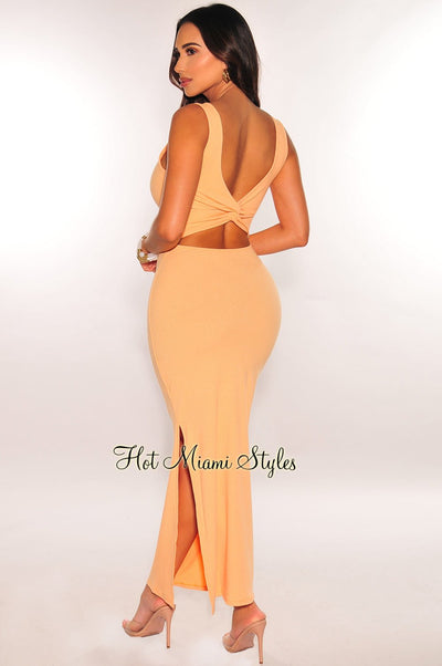 Peach Ribbed Cut Out Knotted Back Maxi Dress - Hot Miami Styles