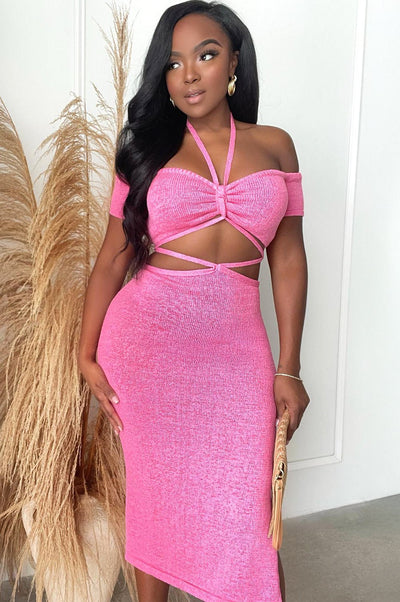 Pink Ribbed Knit Halter Off Shoulder Wrap Around Slit Skirt Two Piece Set - Hot Miami Styles