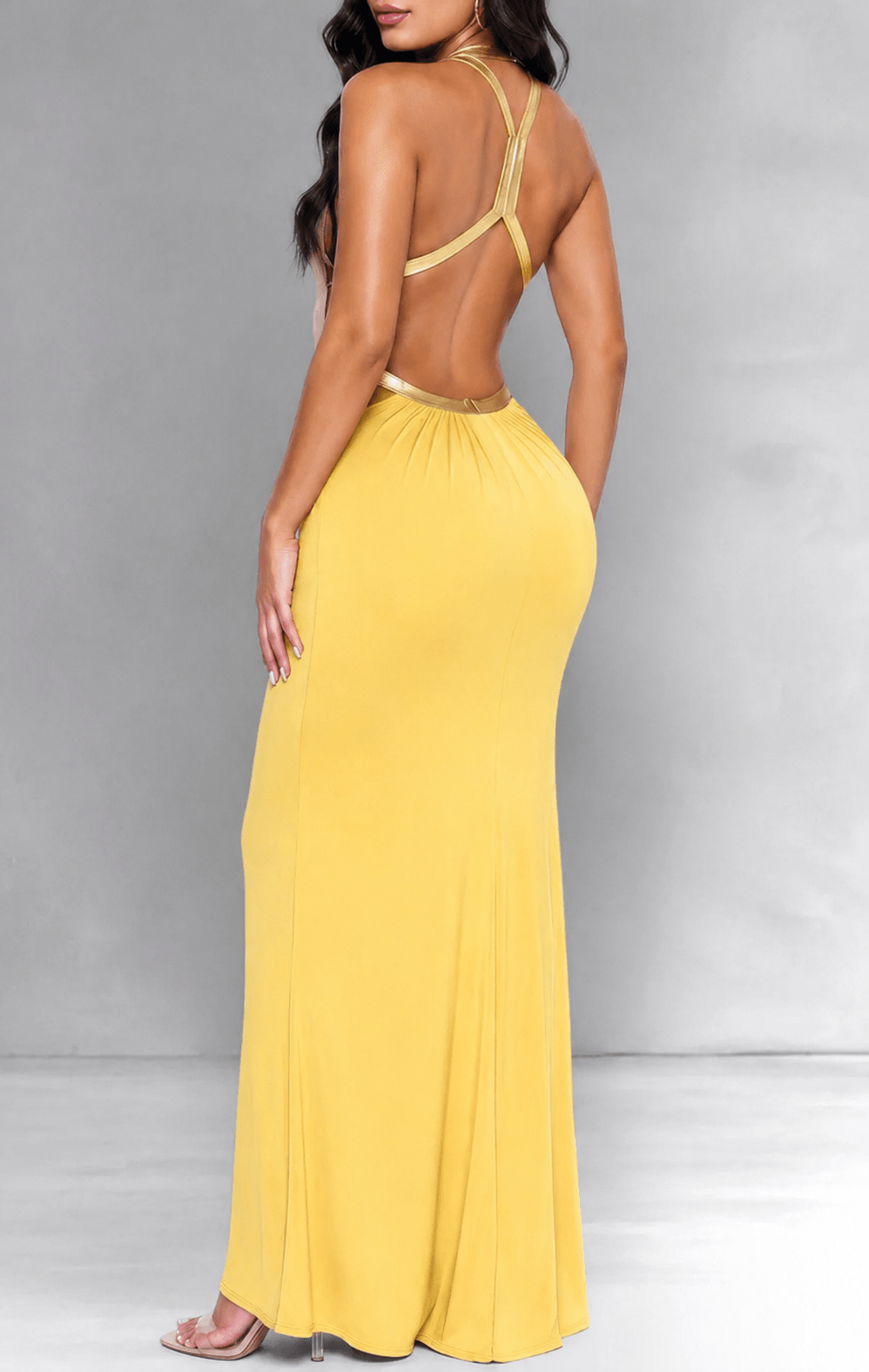 mustard gold maxi dress Lulus Size Small Yellow Chiffon Slit Formal Backless NEW rhinestones main image 1