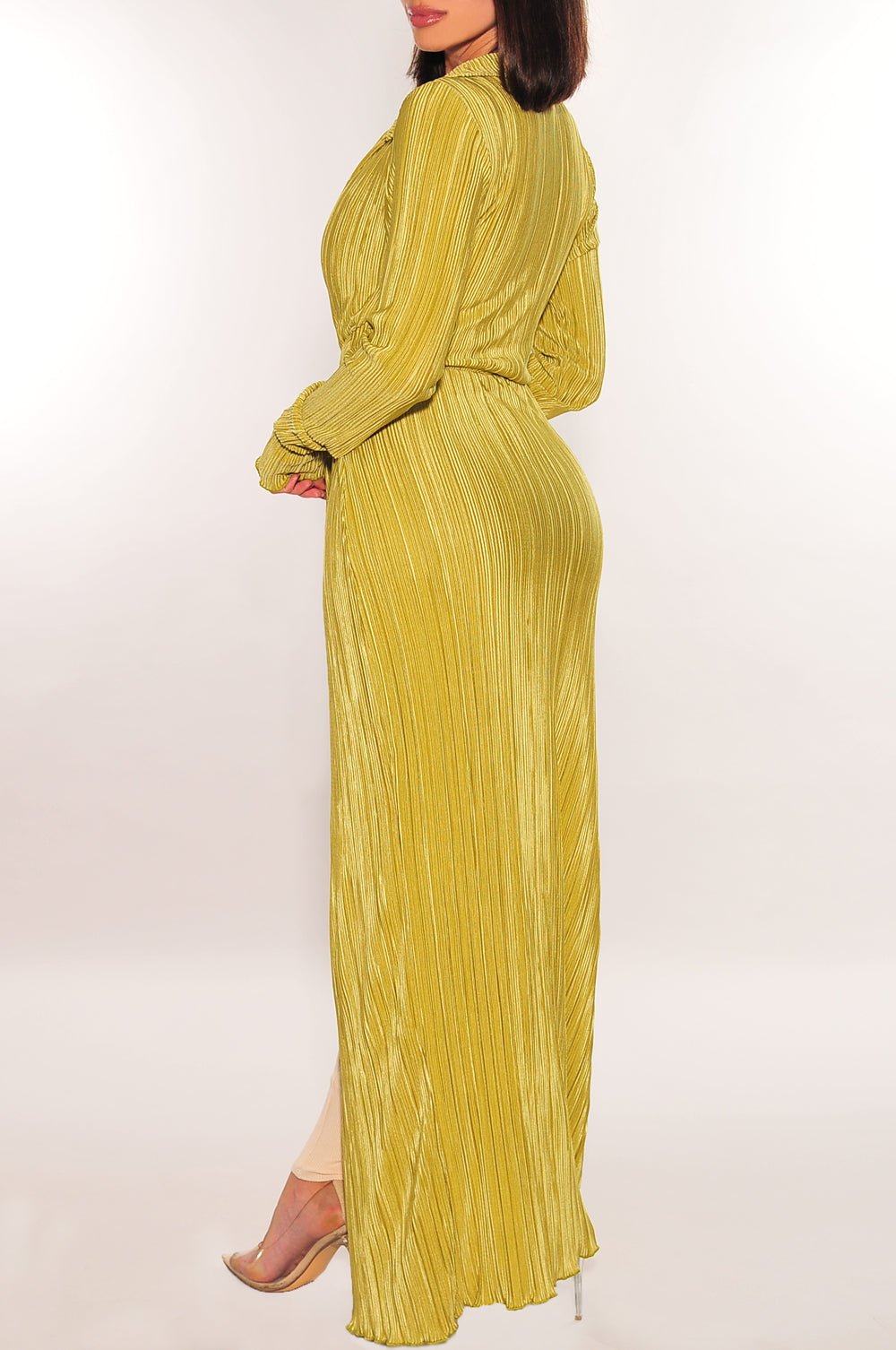 long sleeve duster dress Pistachio Ribbed Collared Belted Long Sleeve Duster