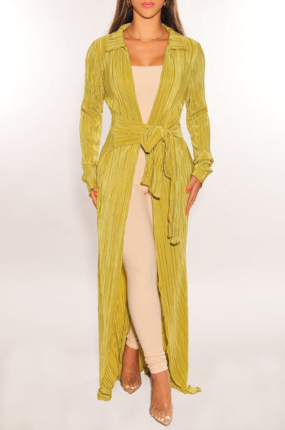 Pistachio Ribbed Collared Belted Long Sleeve Duster - Hot Miami Styles