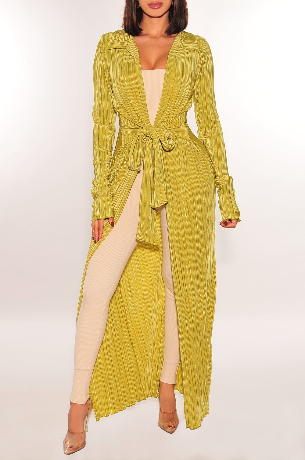 long sleeve duster dress Pistachio Ribbed Collared Belted Long Sleeve Duster