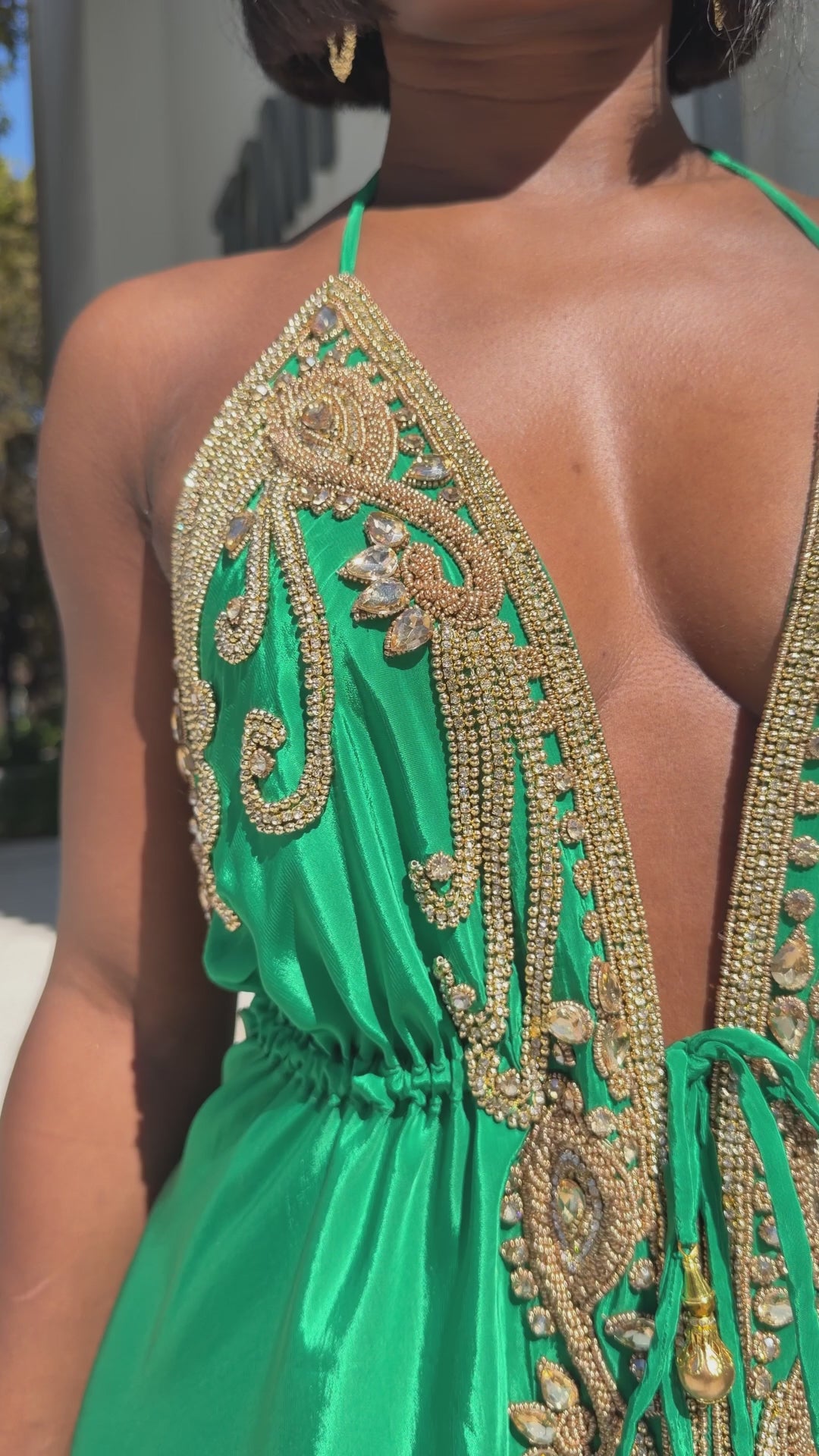 Emerald Halter Rhinestone Drawstring Asymmetrical Hem Maxi Dress