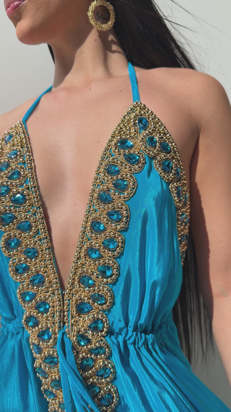 Turquoise Gold Jeweled Drawstring Halter Maxi Dress  Hot Miami Styles