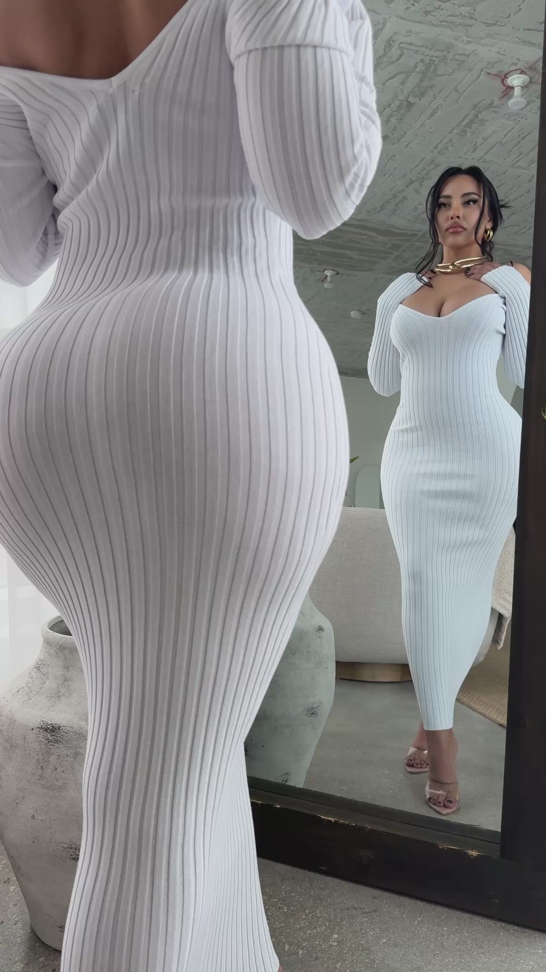 chinese dress ladies White Ribbed Knit Long Sleeves Dress – Hot Miami Styles
