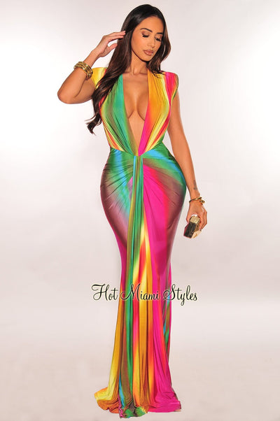 Rainbow Ombre Silky Plunge Padded Shoulder Draped Maxi Dress - Hot Miami Styles