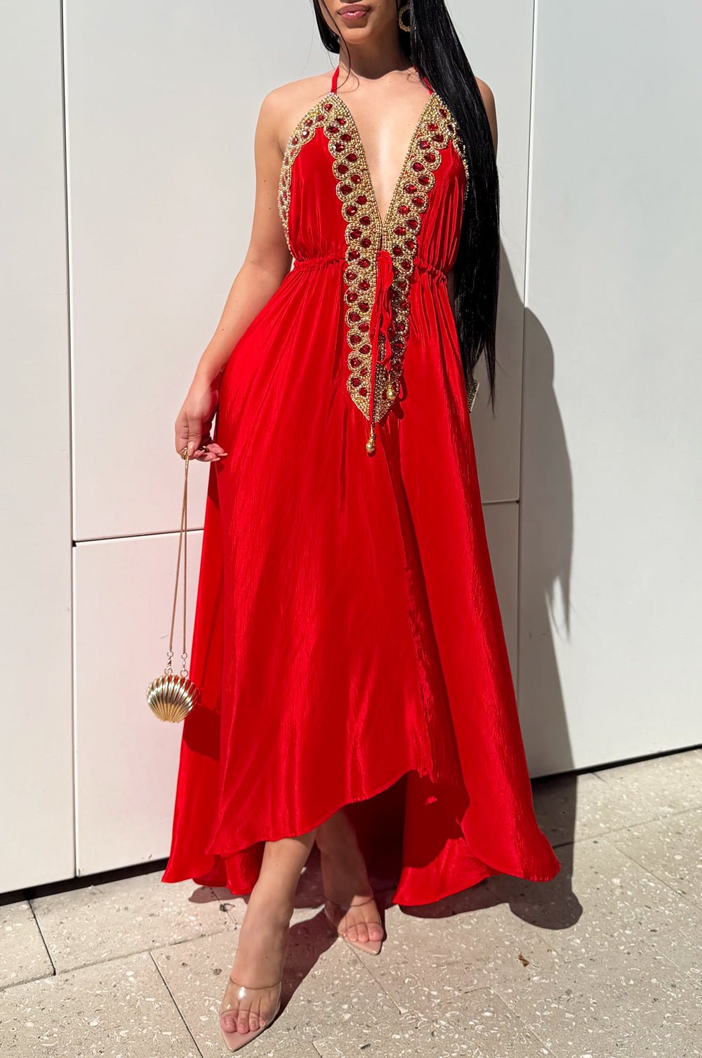 open lace back dress Malcolm Starr Rizkallah Sequined Gold Beaded Red Maxi Dress 1970s main image 0