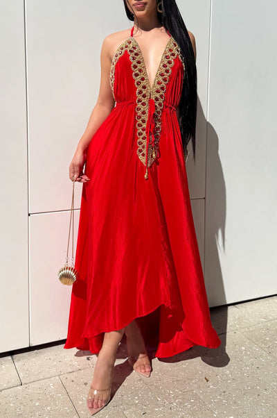 Silver Sequins Tie Up Back Slit Maxi Dress - Hot Miami Styles  Tagged "red"