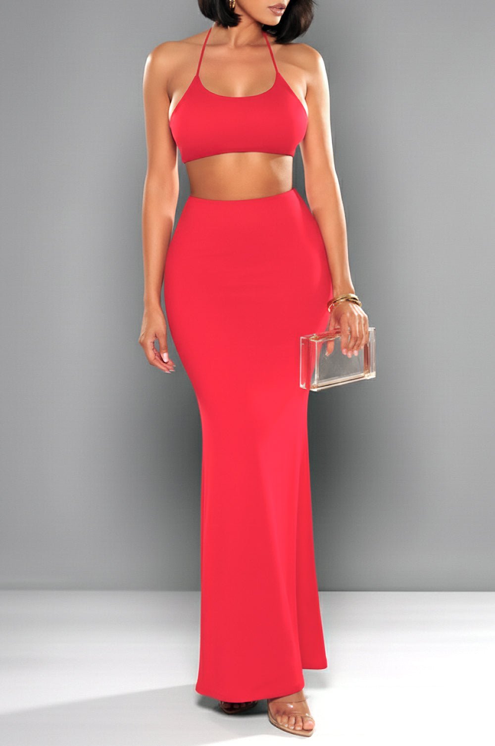 Red Halter Cut Out Mermaid Maxi Dress - Hot Miami Styles Red Halter Cut Out Mermaid Maxi Dress - Hot Miami Styles