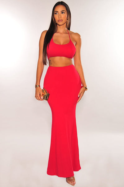 Red Halter Cut Out Mermaid Maxi Dress - Hot Miami Styles