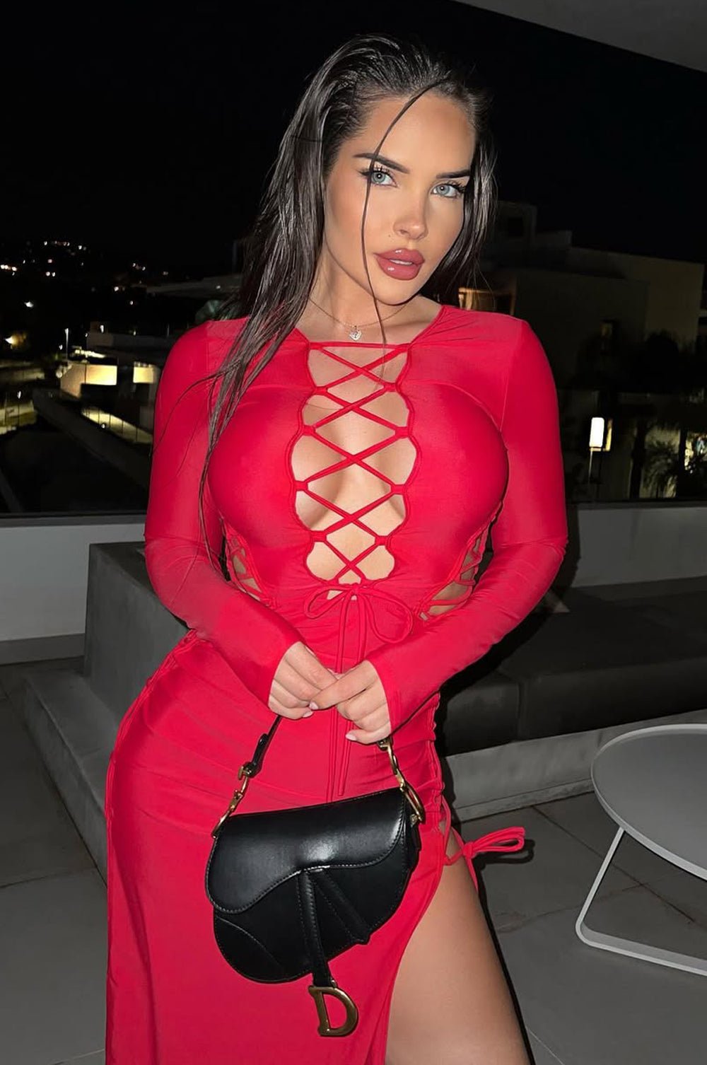open lace back dress Red Lace Up Cut Out Double Slit Long Sleeve Dress