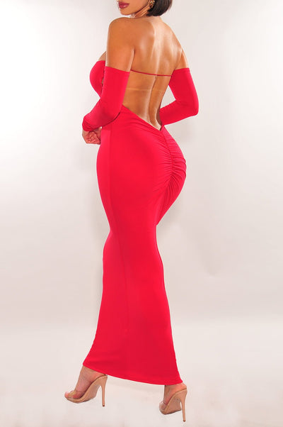 Red Off Shoulder Long Sleeve Scrunch Butt Open Back Midi Dress - Hot Miami Styles