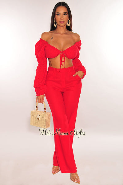 Red Peasant Tie Up Long Sleeve High Waist Palazzo Pant Two Piece Set - Hot Miami Styles