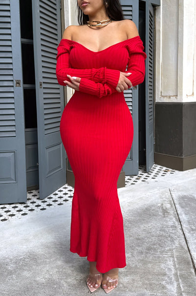 Red Ribbed Knit Long Sleeves Mermaid Dress - Hot Miami Styles