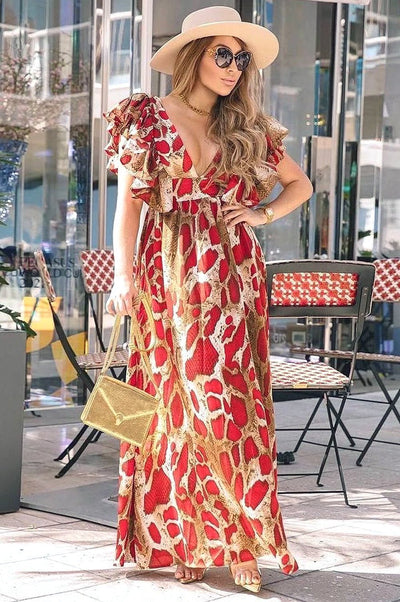 Red Snake Print Plunge V Neck Ruffle Sleeve Maxi Dress - Hot Miami Styles