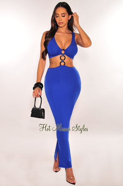 Royal Blue Black O - Ring Sleeveless Cut Out Double Slit Dress - Hot Miami Styles