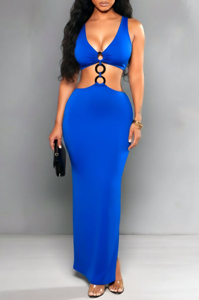 Royal Blue Black O - Ring Sleeveless Cut Out Double Slit Dress - Hot Miami Styles