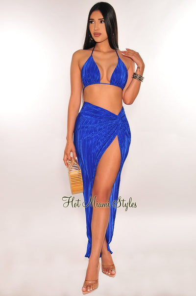 Royal Blue Ribbed Pleated Halter Triangle Top Knotted Slit Skirt Two Piece Set - Hot Miami Styles