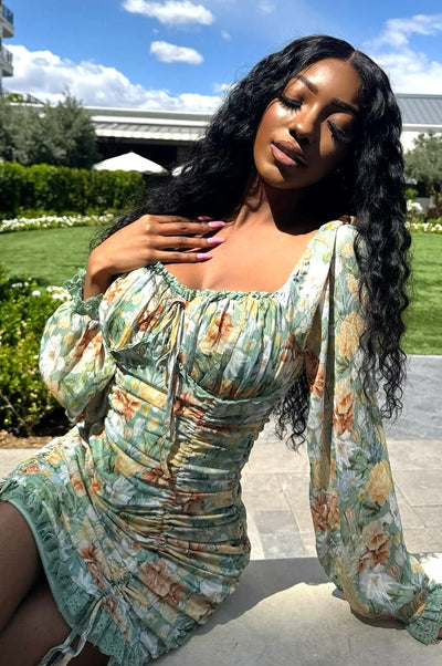 Sage Floral Print Mesh Ruched Ruffle Laced Hem Dress - Hot Miami Styles Small Sage Floral Print Mesh Ruched Ruffle Laced Hem Dress - Hot Miami Styles Small