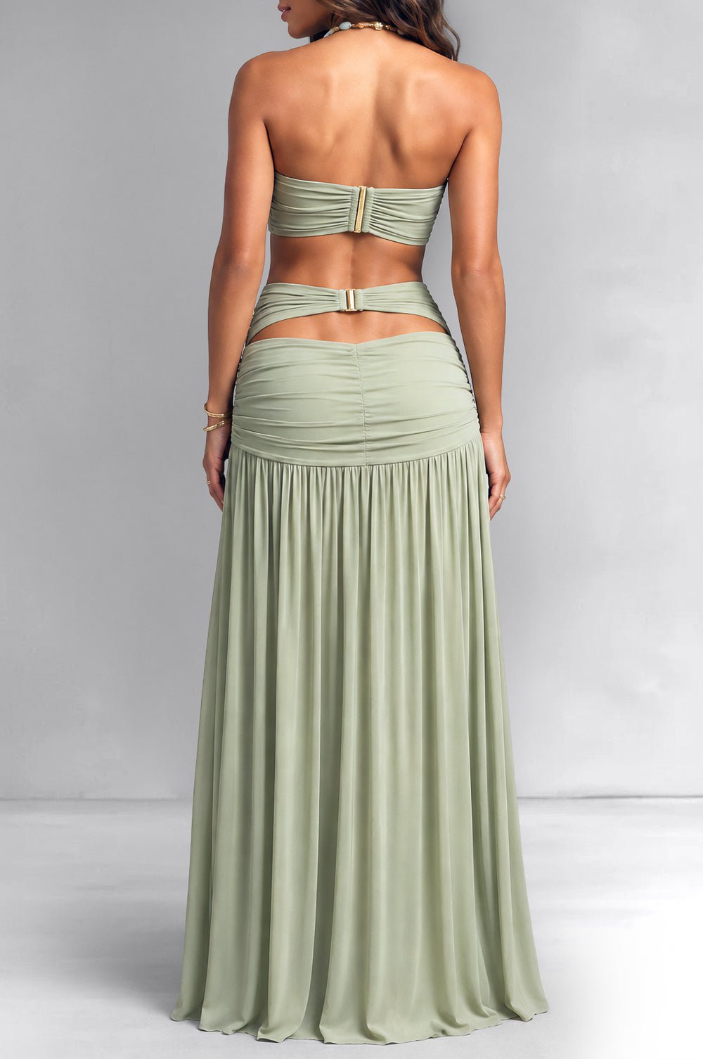 sage green two piece dress Halter Sweetheart Stone Ruched Cut Out Skirt Set – Hot Miami Styles dusty pink prom dress
