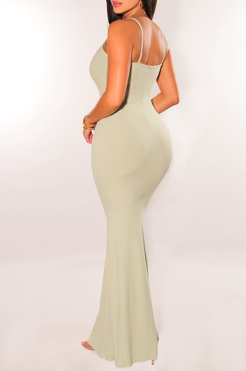 fitted lace wedding dress Sage Ribbed Spaghetti Strap Mermaid Dress Small